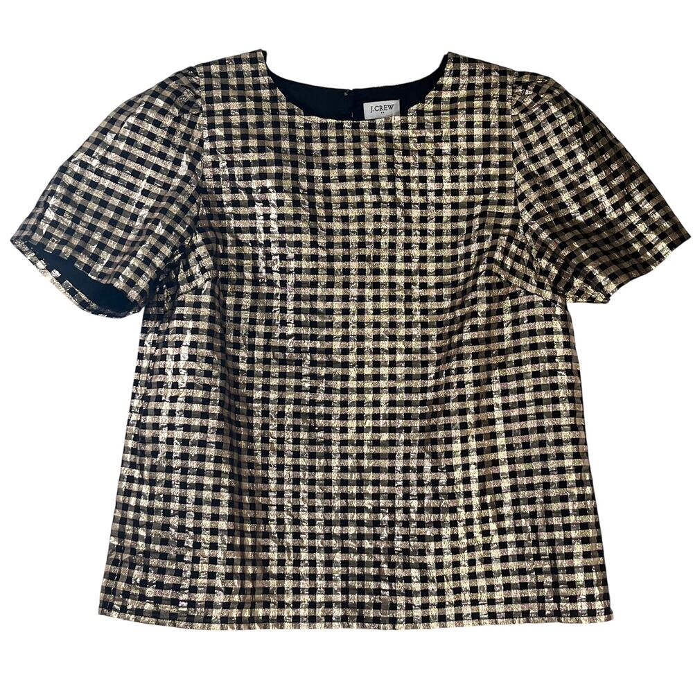 J Crew Black Gold Plaid Metallic Short Sleeve Top Size S
